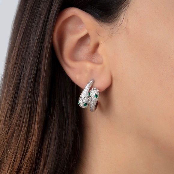 Snake Earrings 925 Sterling Silver Emerald Eyes Luxury Jewelry - Picture 3 of 7